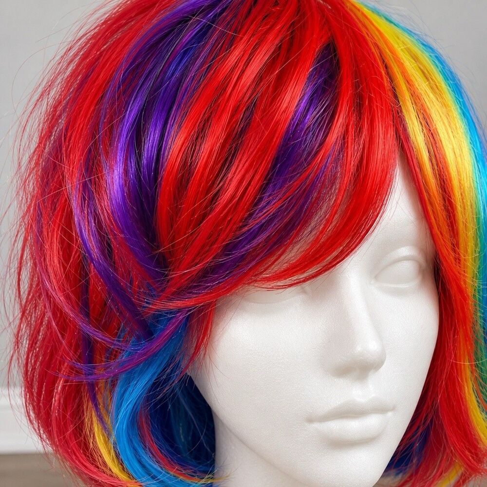 Vintage Rainbow Cosplay Wig Multi Color Costume Halloween Rave Pride One Size